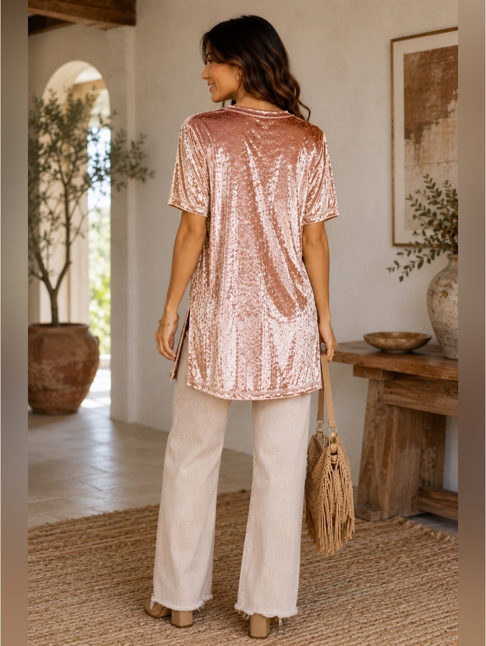 SADIE & SAGE Crushed Velvet Long Tunic Top Dusty Rose Pink Large NWT - Picture 4 of 5